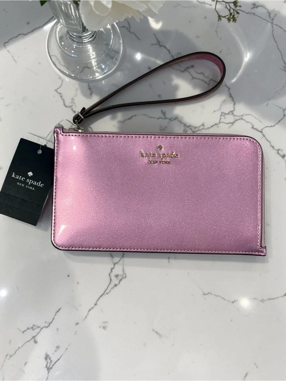 kate spade metallic pink zip-around wristlet wallet with gold logo& gift box NWT